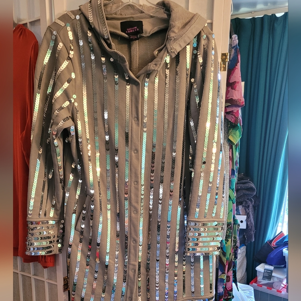 Grey and Silver sequin knit long jacket by Suzanne Somers, Size M